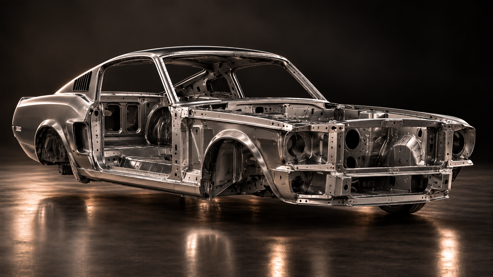 Bare-metal skeletal 1967 Mustang fastback body shell concept showing the roof, floor, pillars and front structure