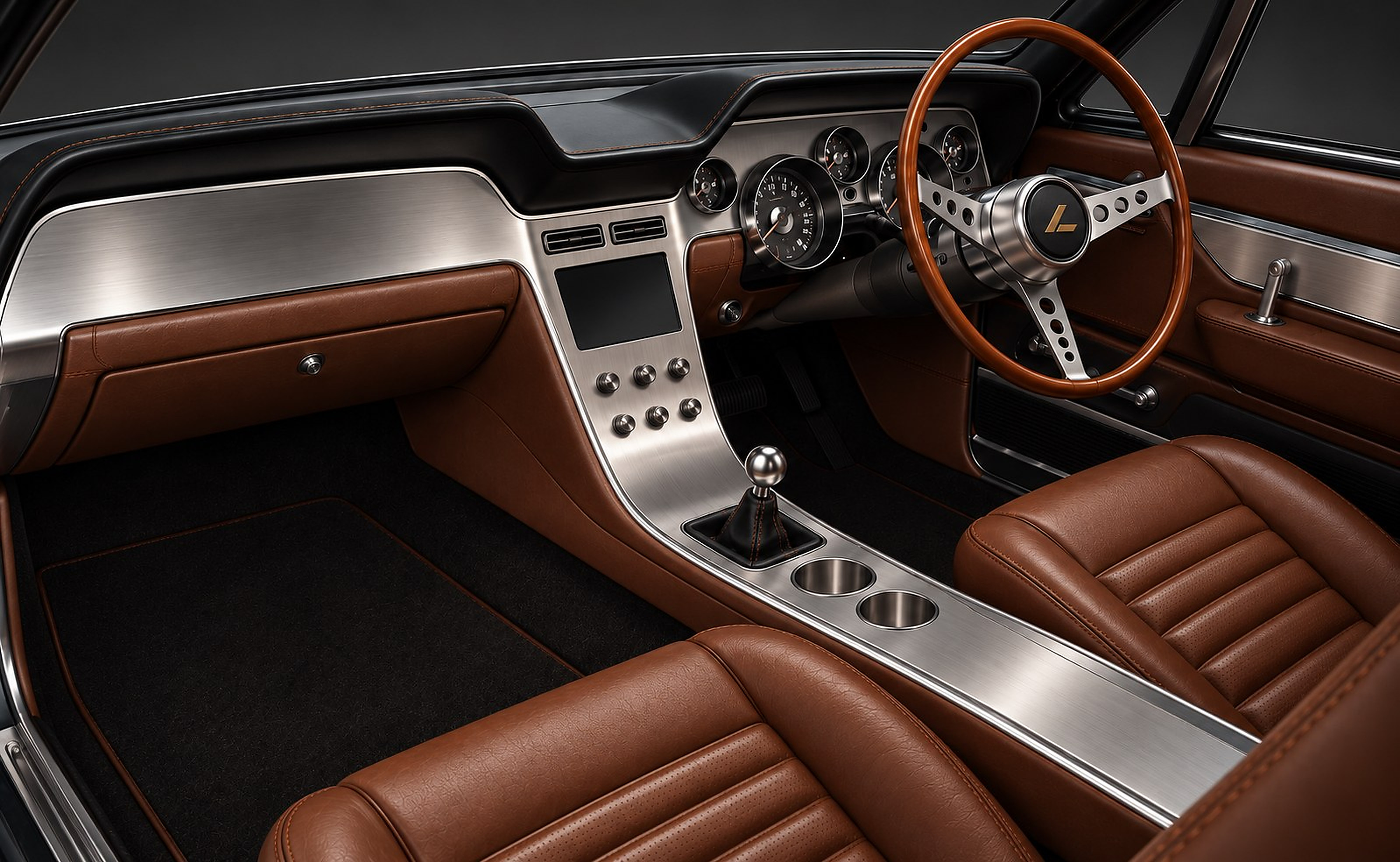 LUKIN 67 interior: tan leather seats and trim, brushed metal dash and console, wood-rim steering wheel